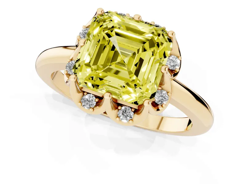Fancy Yellow Asscher Cut Diamond Round Cluster Halo Ring Set in Yellow gold with Solitaire Band and Prong Setting