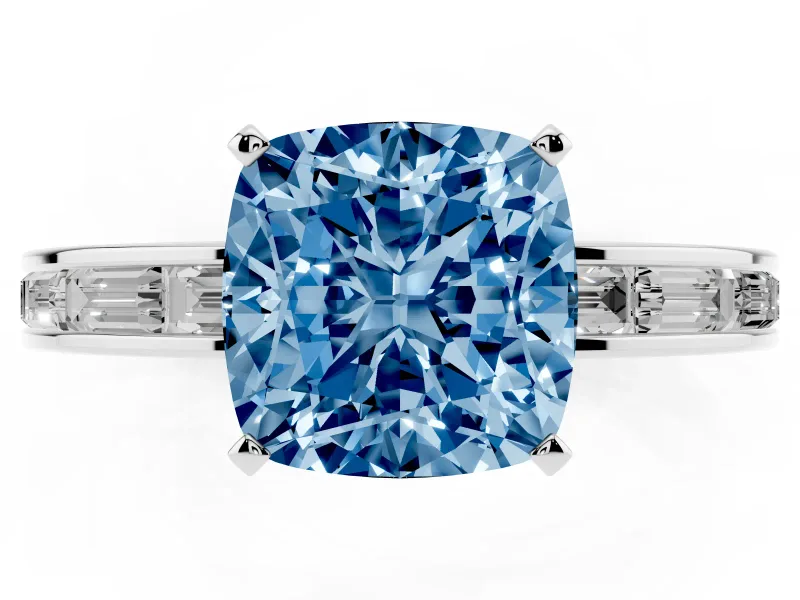 Fancy Blue Cushion Cut Diamond Solitaire Ring Set in Silver with Channel-Set Baguette Band and Prong Setting