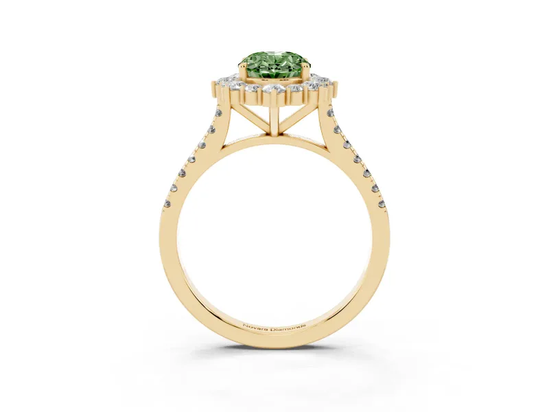 Oval Scalloped Halo Engagement Ring Setting for a Fancy Green Lab-Grown Diamond | Single Row Pave | Yellow Gold