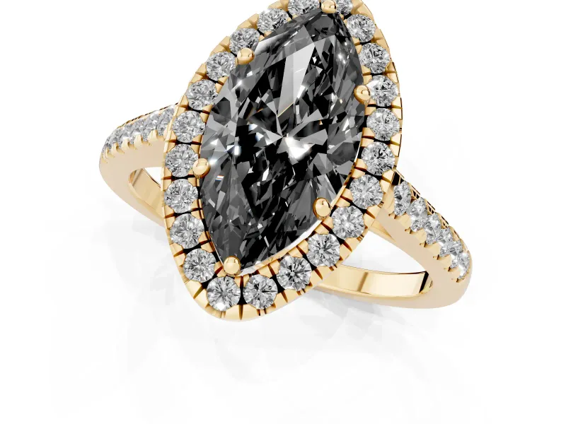 Marquise Halo Engagement Ring Setting for a Black Center | Pavé Shoulders | Yellow Gold