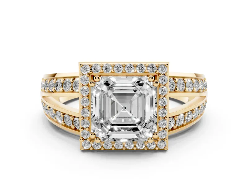Asscher Cut Diamond Halo Ring Set in Yellow gold with Double Pavé Split Shank