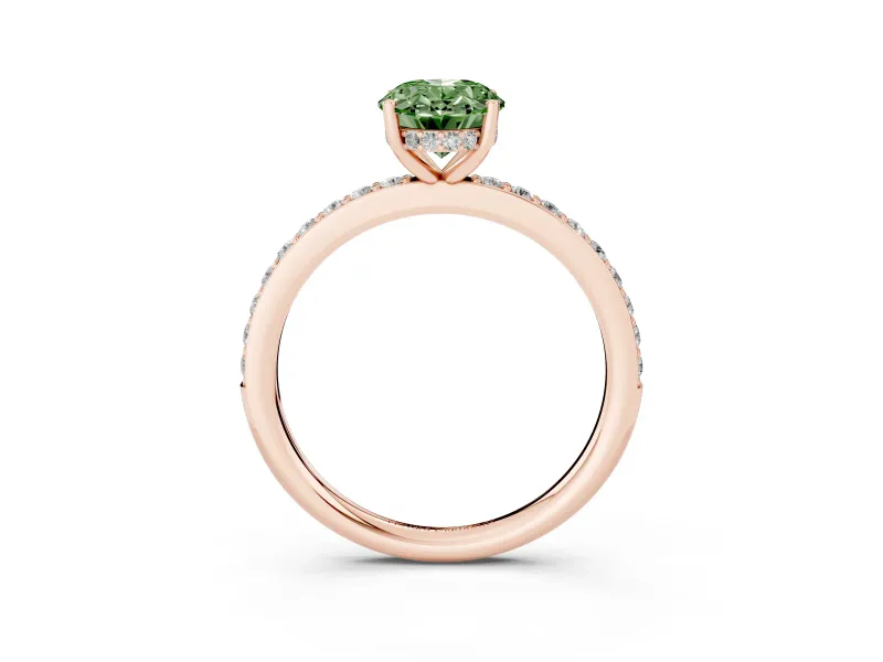 Fancy Green Oval Cut Diamond Pavé Band Ring Set in Rose gold with Prong-Set Center Stone