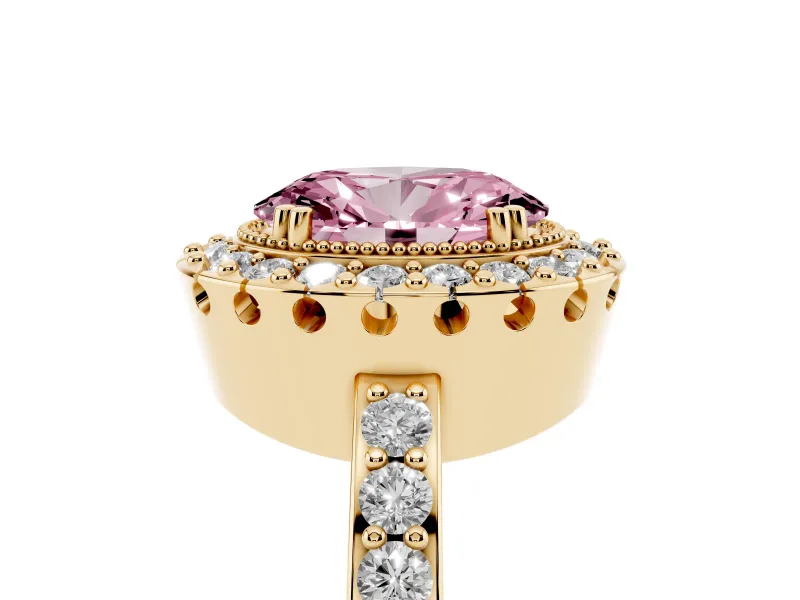 Fancy Pink Oval Cut Diamond Halo Ring Set in Yellow gold with Pavé Shank and Prong Setting