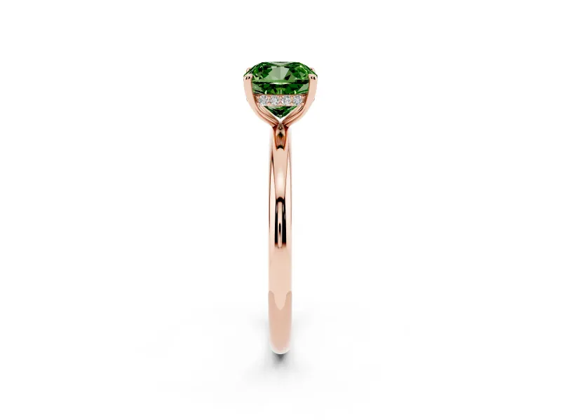Fancy Green Cushion Cut Diamond Solitaire Ring Set in Rose gold with Thin Band and Prong Setting