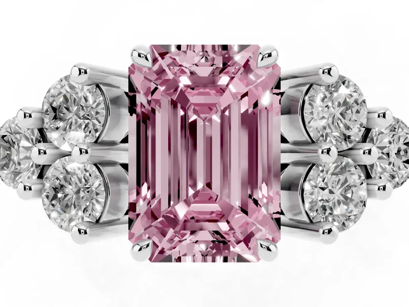 Fancy Pink Emerald Cut Diamond Solitaire Ring Set in Platinum with Cluster Accents on Each Side