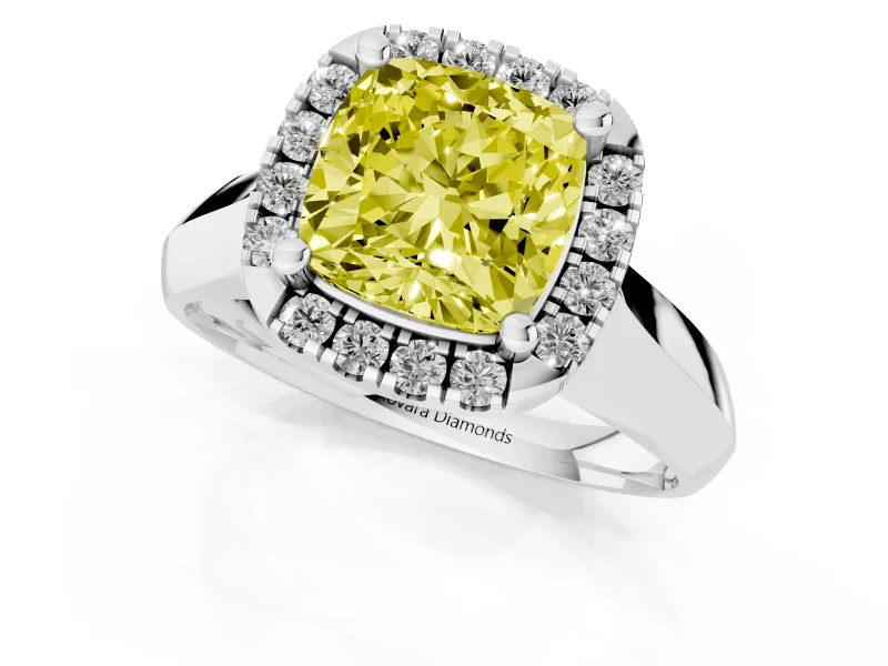 Cushion Cut Halo Engagement Ring Setting for a Fancy Yellow Lab-Grown Diamond | Square Profile Band | Platinum