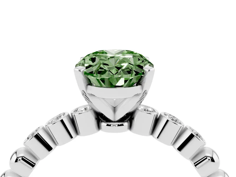 Fancy Green Oval Cut Diamond Solitaire Engagement Ring Set in Silver with Bezel Accents on Beaded Band