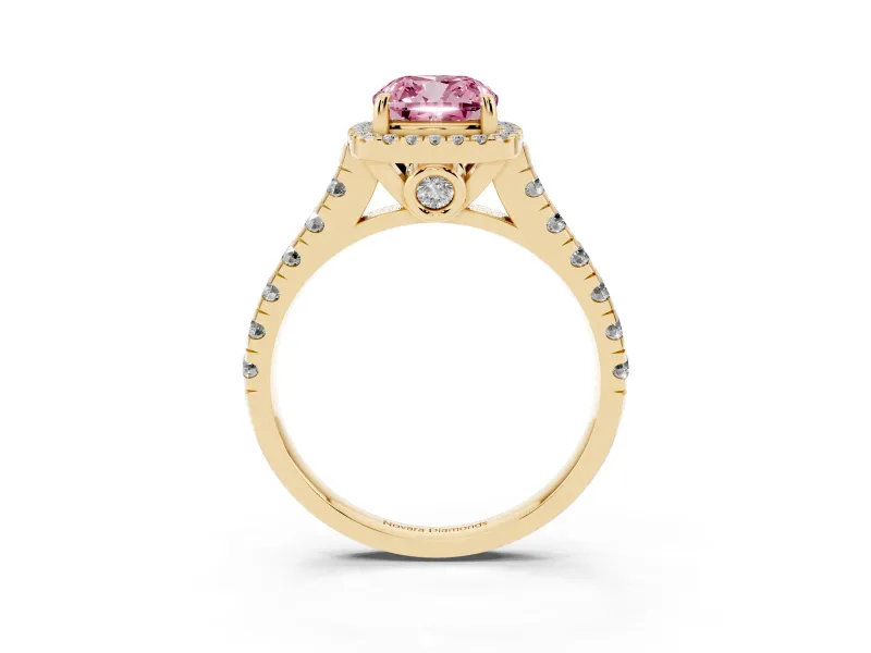 Cushion Cut Accented Halo Engagement Ring Setting for a Fancy Pink Lab-Grown Diamond | Yellow Gold