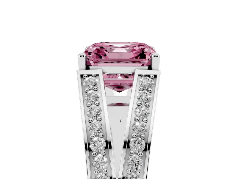 Fancy Pink Asscher Cut Diamond Split Shank Ring Set in Silver with Pavé Band and Prong Setting
