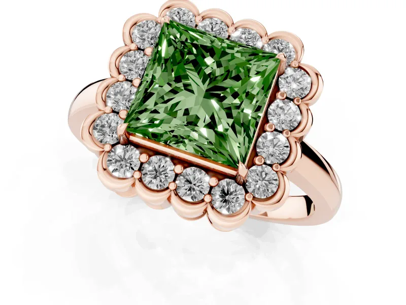 Princess Cut Scalloped Cluster Halo Engagement Ring Setting for a Fancy Green Lab-Grown Diamond | Plain Band | Rose Gold