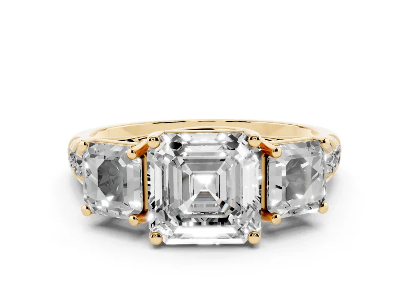 Asscher Cut Diamond Three-Stone Ring Set in Yellow gold with Pavé Band