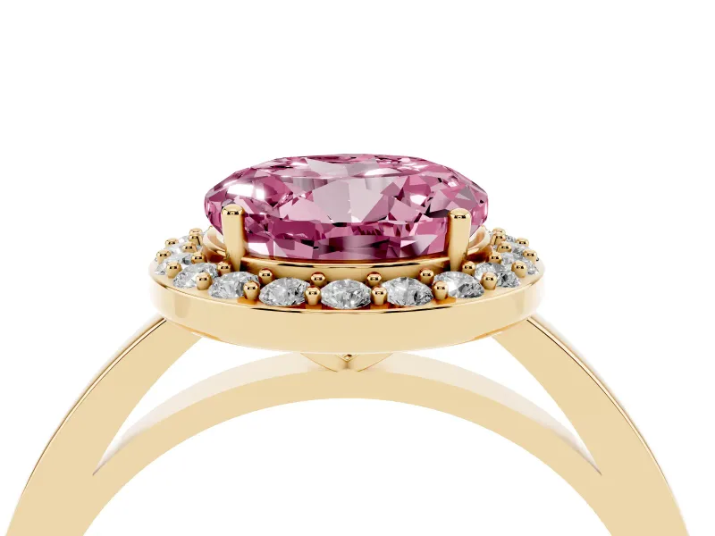 Round Thin Halo Low Profile Engagement Ring Setting for a Fancy Pink Lab-Grown Diamond | Slim Plain Band | Yellow Gold
