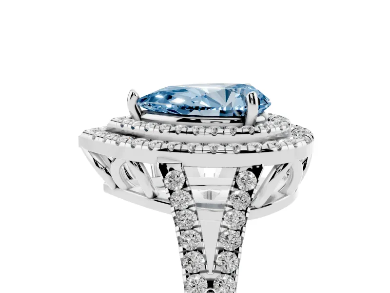 Pear-Shaped Double Halo Engagement Ring Setting for a Fancy Blue Lab-Grown Diamond | Pavé Split Shank | Platinum