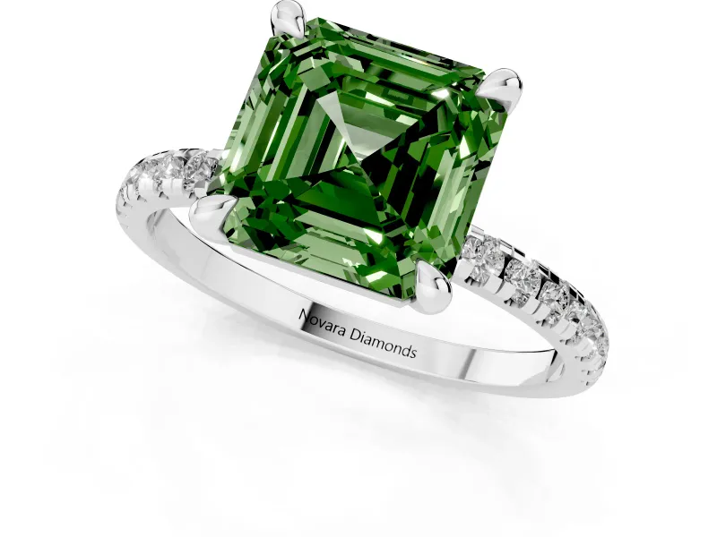 Fancy Green Asscher Cut Diamond Brilliant Solitaire Ring Set in White gold with Pavé Band and Prong Setting