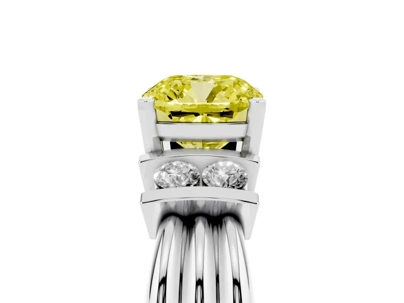 Fancy Yellow Three-Stone Cushion Cut Diamond Channel Set Ring Set in Silver with Bar Prongs