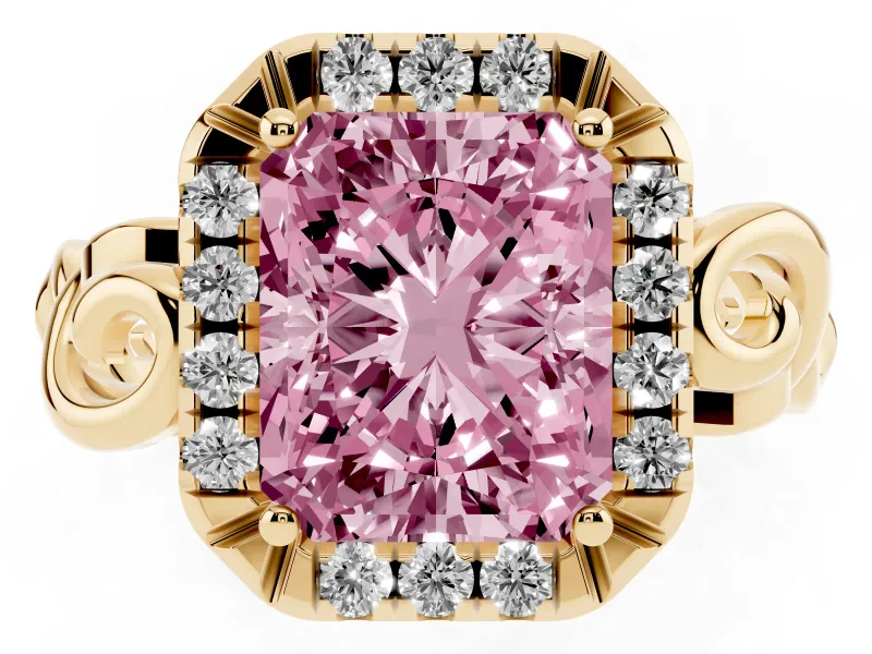 Fancy Pink Radiant Cut Diamond Halo Ring Set in Yellow gold with Scrollwork Band and Prong Setting