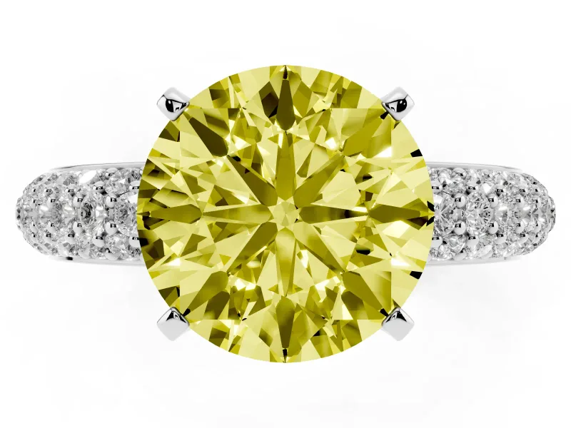 Fancy Yellow Round Cut Diamond Solitaire Ring Set in Silver with Prong Setting and Pavé-Set Band