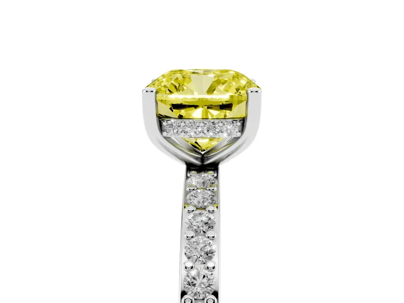 Fancy Yellow Cushion Cut Diamond Pavé Band Ring Set in Silver with Prong-Set Center Stone