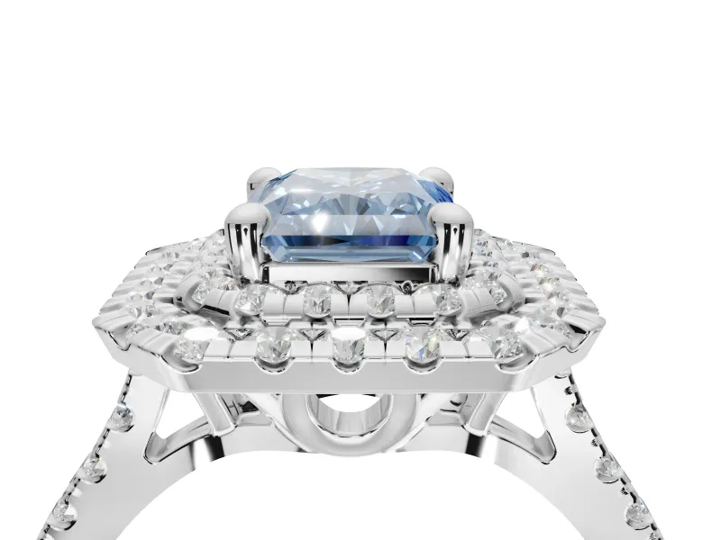 Fancy Blue Radiant Cut Lab-Grown Diamond Double Halo Statement Ring Set in Platinum with Pavé Band