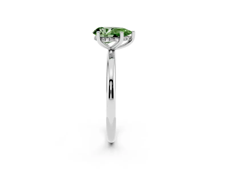 Fancy Green Pear Cut Diamond Solitaire Engagement Ring Set in White gold with Prong Setting and Polished Band