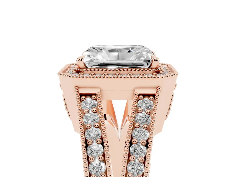 Radiant Cut Vintage Milgrain Halo Engagement Ring Setting | Pave Split Shank | Rose Gold