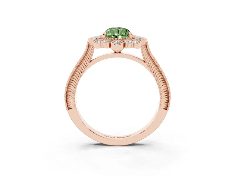 Fancy Green Pear Cut Diamond Halo Milgrain Pavé Ring Set in Rose gold with Prong Setting