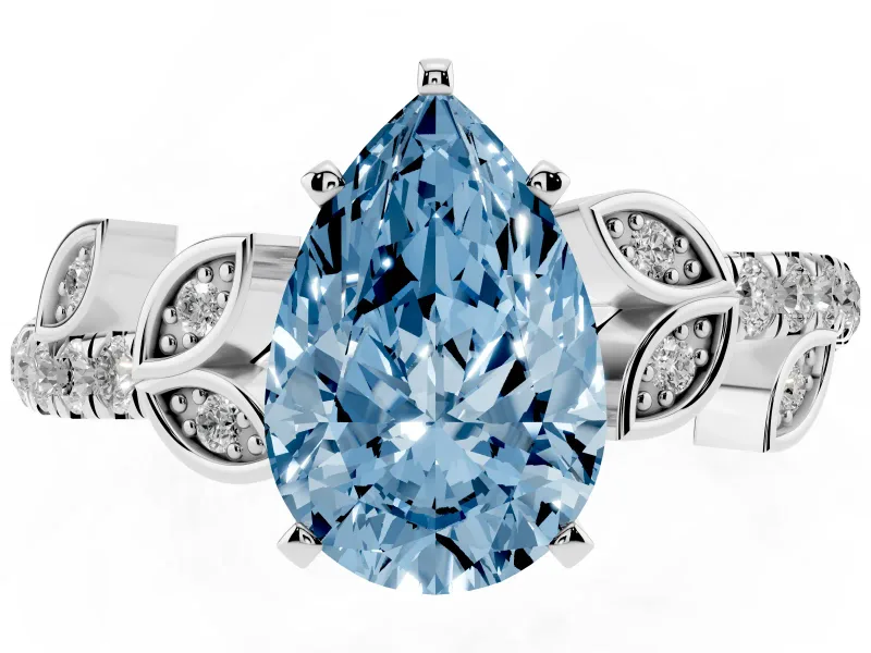 Fancy Blue Pear Cut Diamond Solitaire Leaf-Inspired Ring Set in Platinum with Pavé Band and Prong Setting