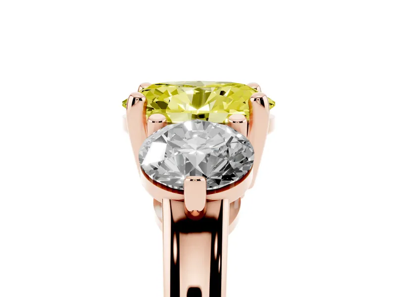 Fancy Yellow Oval Cut Diamond Three-Stone Ring Set in Rose gold with Prong Setting and Classic Band