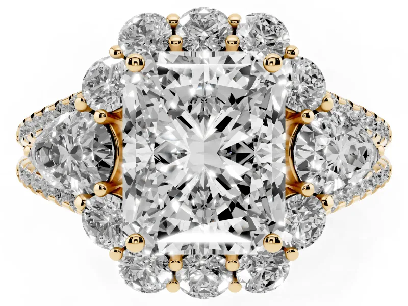 Radiant Cut Diamond Halo Split Shank Engagement Ring Set in Yellow gold with Prong-Held Center Stone