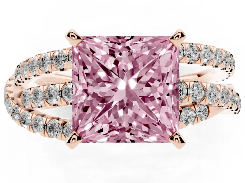 Fancy Pink Princess Cut Diamond Solitaire Twist Band Ring Set in Rose gold with Pavé Setting and Prong Head