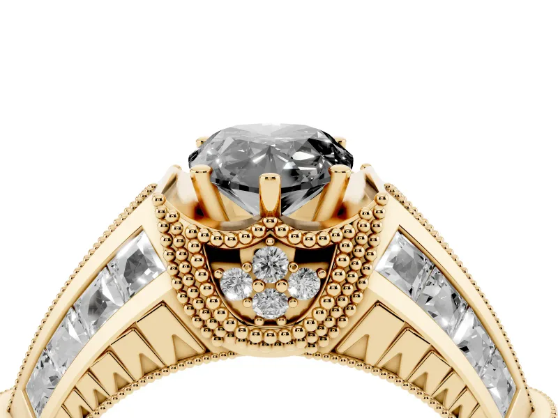 Fancy Black Pear Cut Diamond Vintage-Inspired Milgrain Ring Set in Yellow gold with Accent Split Shank