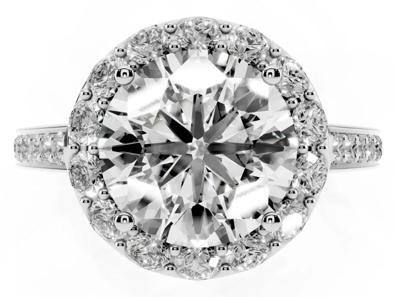 Round Cut Diamond Floral Halo Ring Set in White gold with Pavé Band and Prong Setting