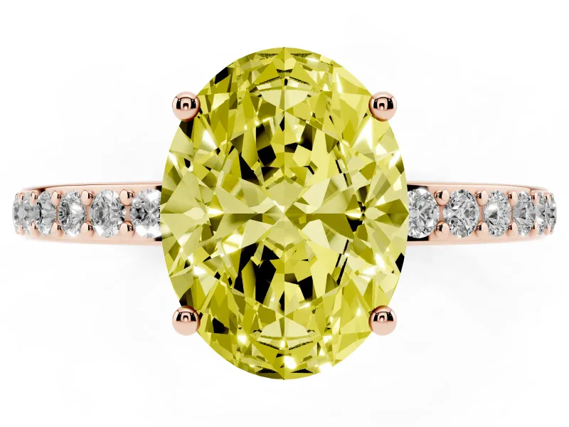 Fancy Yellow Oval Cut Diamond Pavé Band Ring Set in Rose gold with Prong-Set Center Stone
