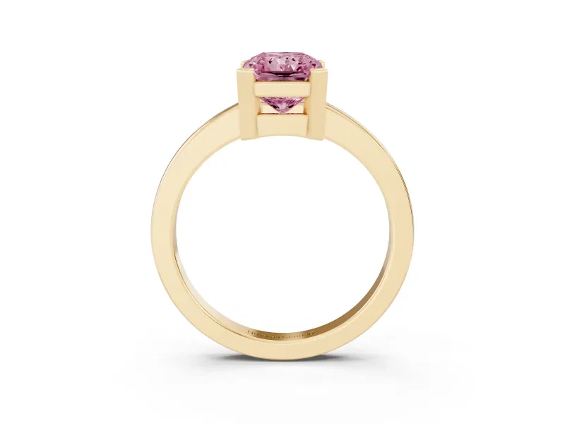 Fancy Pink Radiant Cut Diamond Solitaire Ring Set in Yellow gold with Prong Head and Smooth Polished Band