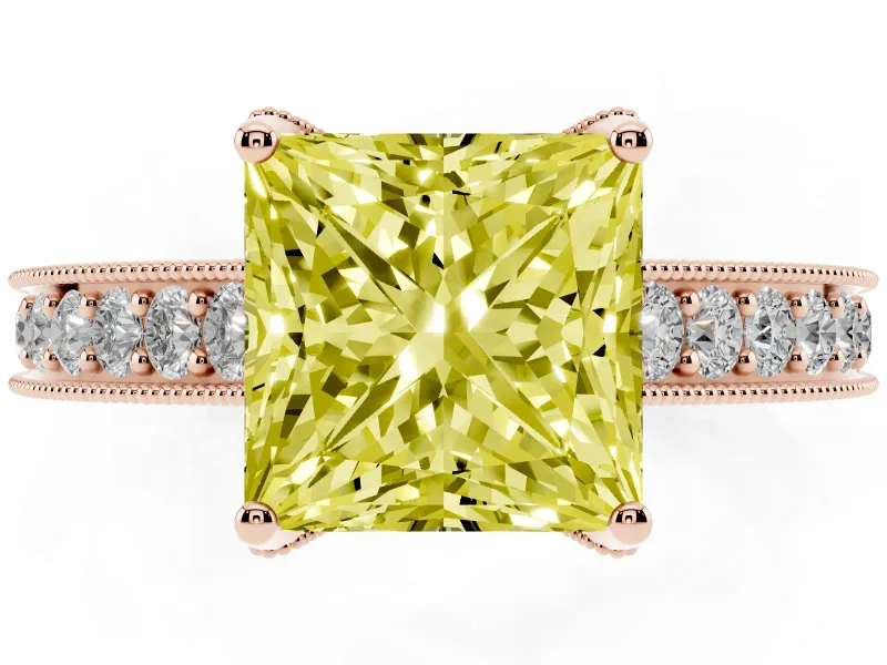 Princess Cut Hidden Halo Engagement Ring Setting for a Fancy Yellow Lab-Grown Diamond | Milgrain Pave | Rose Gold