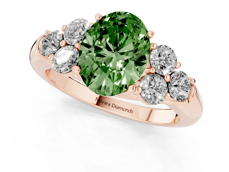 Fancy Green Oval Cut Diamond Cluster Ring Set in Rose gold with Round Accent Stones and Prong Setting on a Plain Band