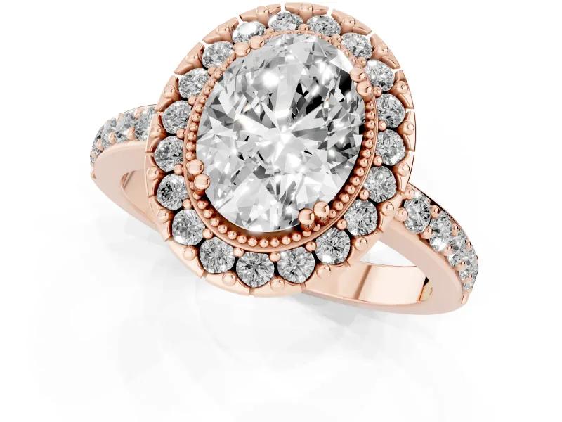 Oval Cut Diamond Halo Ring Set in Rose gold with Pavé Shank and Prong Setting