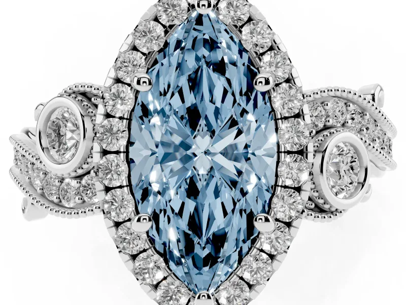 Fancy Blue Marquise Cut Diamond Halo Ring Set in White gold with Milgrain Pavé Band and Prong Setting