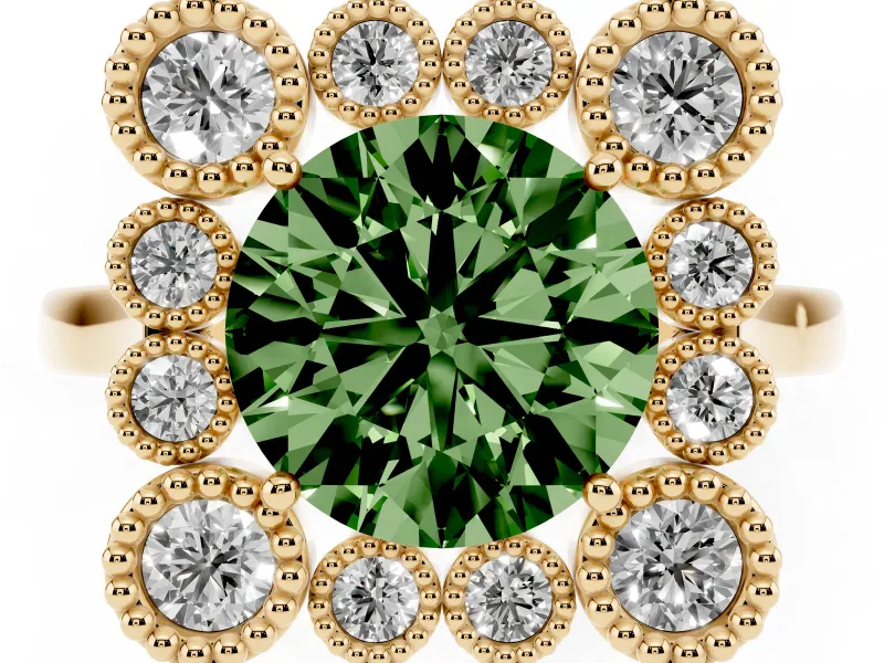 Round Milgrain Cluster Halo Engagement Ring Setting for a Fancy Green Lab-Grown Diamond | Plain Band | Yellow Gold