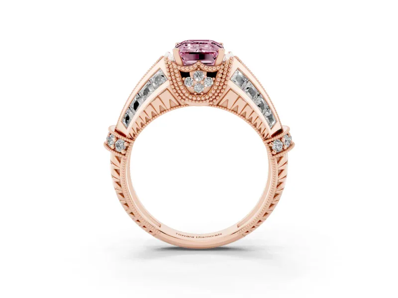 Fancy Pink Emerald Cut Diamond Vintage-Inspired Milgrain Ring Set in Rose gold with Accent Split Shank