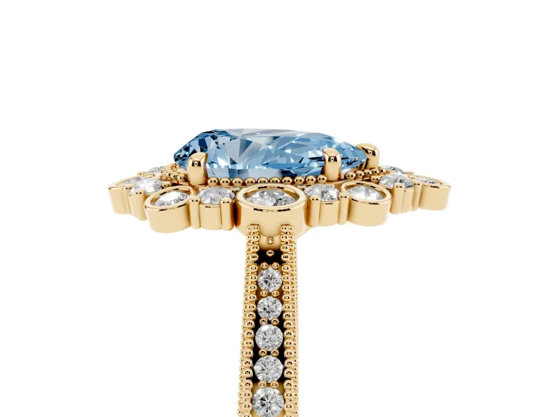 Pear-Shaped Scalloped Halo Engagement Ring Setting for a Fancy Blue Lab-Grown Diamond | Milgrain Edges | Yellow Gold