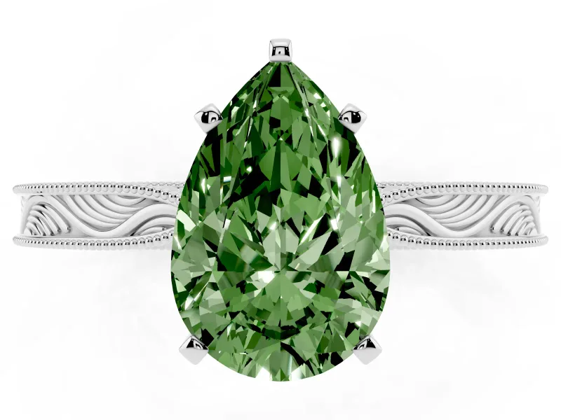 Fancy Green Pear Cut Diamond Solitaire Milgrain Engraved Band Set in Platinum with Prong Setting