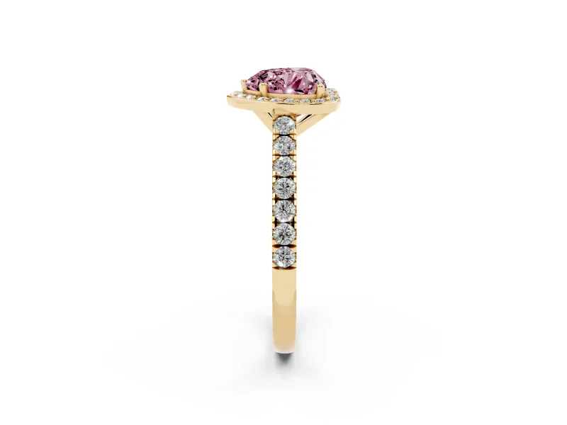 Fancy Pink Heart Cut Diamond Halo Engagement Ring Set in Yellow gold with Pavé Band and Prong Setting