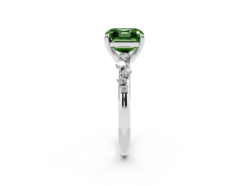 Fancy Green Asscher Cut Diamond Solitaire Vine Band Ring Set in Platinum with Round Accents and Prong Setting