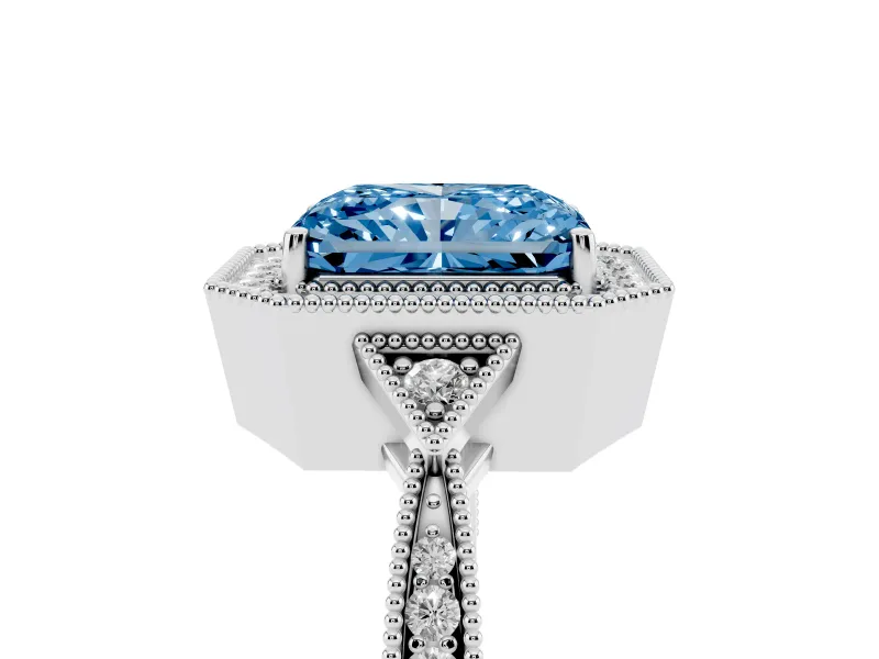 Fancy Blue Radiant Cut Diamond Halo Engagement Ring Set in Silver with Milgrain Pavé Band