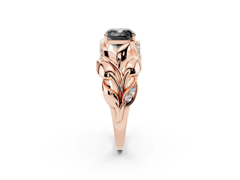 Fancy Black Cushion Cut Diamond Leaf-Inspired Engagement Ring Set in Rose gold with Round Accents