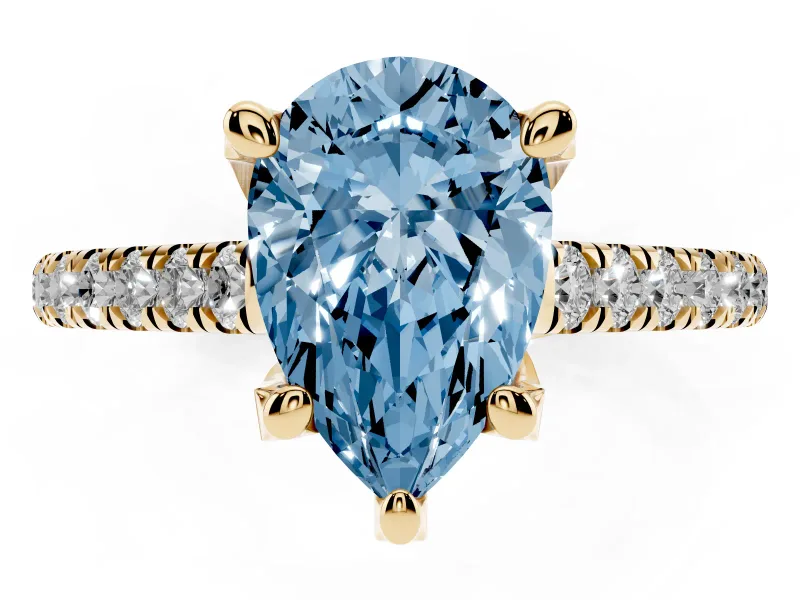 Fancy Blue Pear Cut Diamond Solitaire Ring Set in Yellow gold with Brilliant Pavé Band and Prong Setting