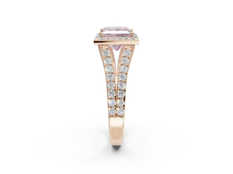 Princess Cut Halo Pavé Engagement Ring Setting for a Fancy Pink Lab-Grown Diamond | Narrow Split Shank | Rose Gold