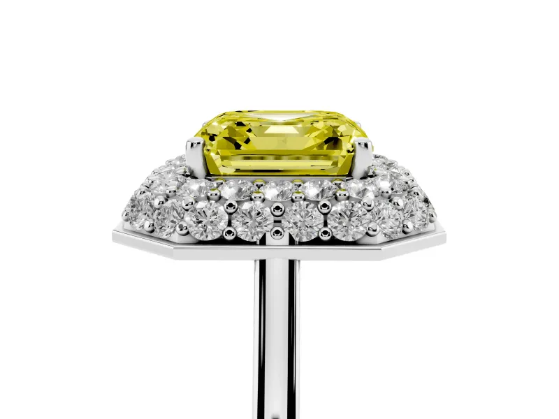 Fancy Yellow Asscher Cut Diamond Halo Engagement Ring Set in Silver with Solitaire Band and Prong Setting