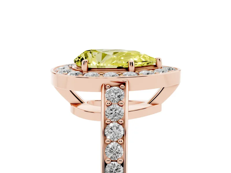 Fancy Yellow Pear Cut Diamond Halo Pavé Engagement Ring Set in Rose gold with Bezel Setting